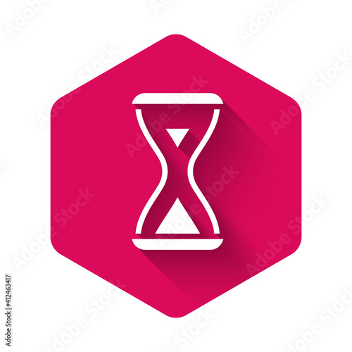 White Sauna hourglass icon isolated with long shadow background. Sauna timer. Pink hexagon button. Vector.