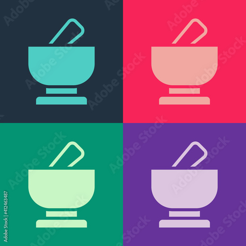 Pop art Mortar and pestle icon isolated on color background. Vector.