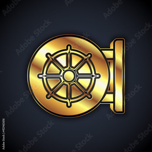 Gold Dharma wheel icon isolated on black background. Buddhism religion sign. Dharmachakra symbol. Vector.