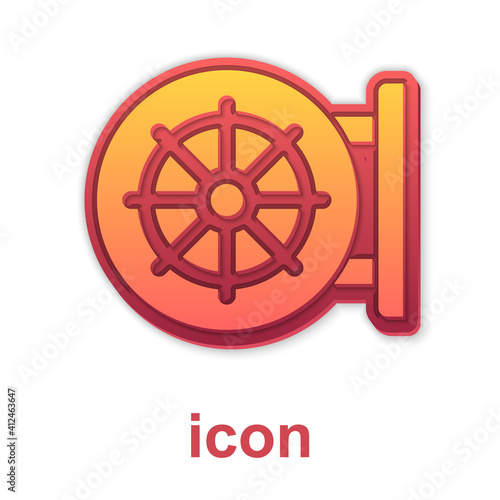 Gold Dharma wheel icon isolated on white background. Buddhism religion sign. Dharmachakra symbol. Vector.