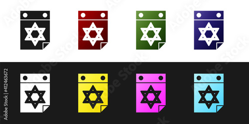 Set Jewish calendar with star of david icon isolated on black and white background. Hanukkah calendar day. Vector.