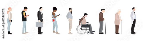 multigeneration, multiethnic, diverse people standing in line. profile view. flat simple vector illustration.