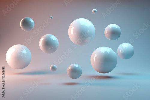 Suspended balls on a white background. 3D image rendering. © Rafa Fernandez