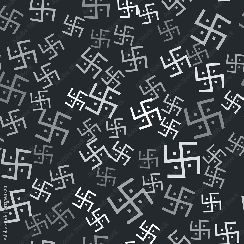 Grey Hindu swastika religious symbol icon isolated seamless pattern on black background. Vector.