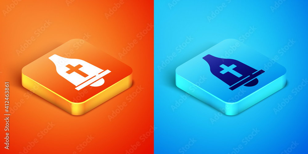 Isometric Church bell icon isolated on orange and blue background. Alarm symbol, service bell, handbell sign, notification symbol. Vector. Isometric Church bell icon isolated on orange and blue background. Alarm symbol, service bell, handbell sign, notification symbol. Vector.