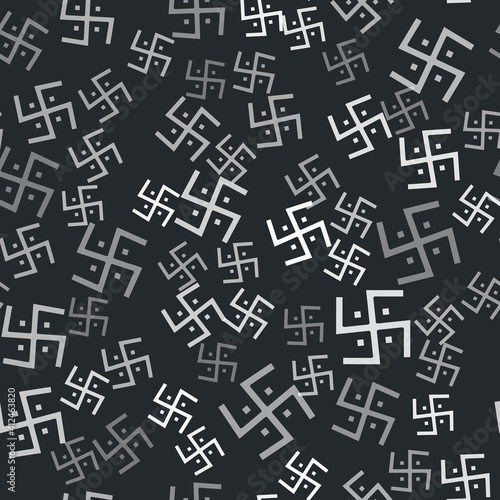 Grey Hindu swastika religious symbol icon isolated seamless pattern on black background. Vector.