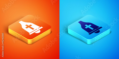 Isometric Church bell icon isolated on orange and blue background. Alarm symbol, service bell, handbell sign, notification symbol. Vector.