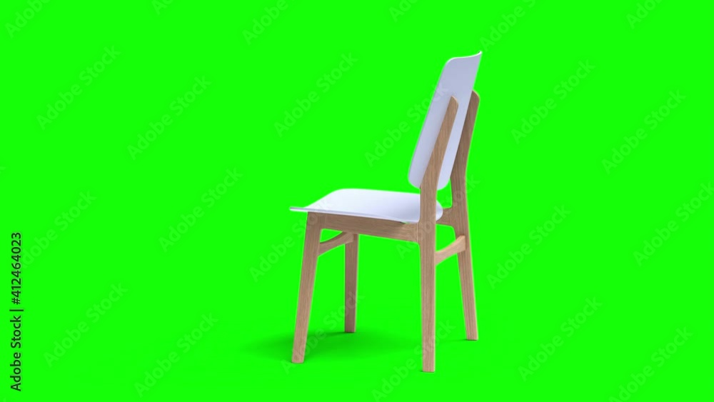 A chair made of wood and white plastic is on a green background, chromakey. 3d rendering A chair made of wood and white plastic is on a green background, chromakey. 3d rendering