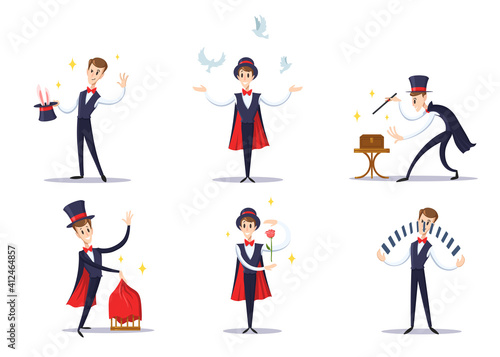 Cartoon magician set. Circus showman wearing top hat and cape, conjurer doing tricks. Vector illustration for show, fair, illusion, imagination concept
