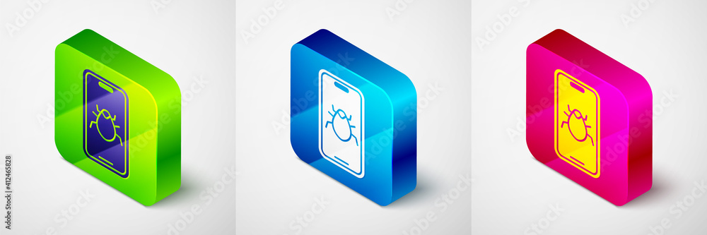Isometric System bug on mobile icon isolated on grey background. Code bug concept. Bug in the system. Bug searching. Square button. Vector. Isometric System bug on mobile icon isolated on grey background. Code bug concept. Bug in the system. Bug searching. Square button. Vector.