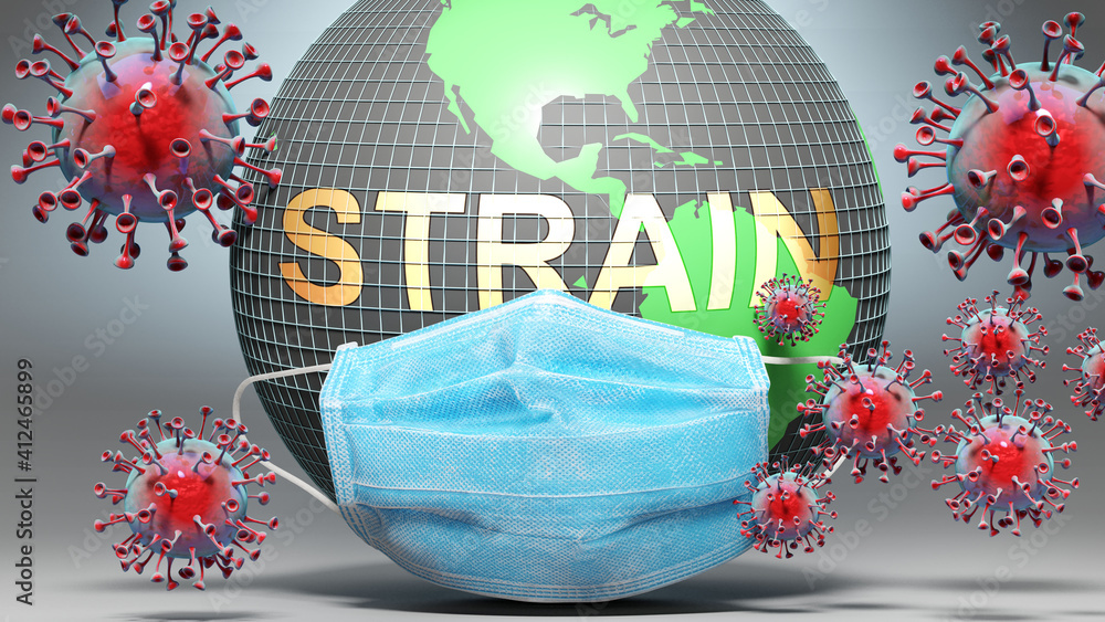 Strain and covid - Earth globe protected with a blue mask against attacking corona viruses to show the relation between Strain and current events, 3d illustration