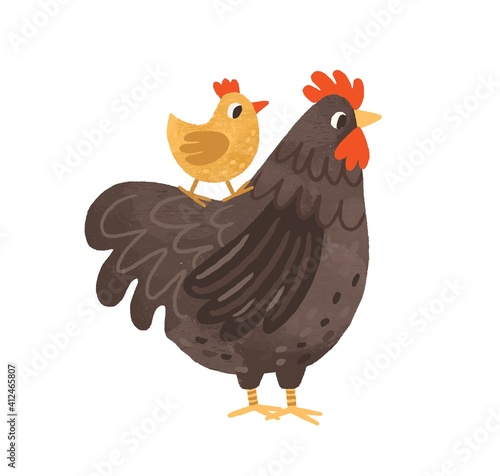 Cute hen standing with yellow chicken on its back. Funny mom and baby birds. Colorful textured flat vector illustration isolated on white background