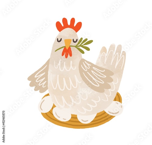 Cute brood hen on nest with eggs. Domestic bird during laying and brooding. Colorful flat textured vector illustration isolated on white background