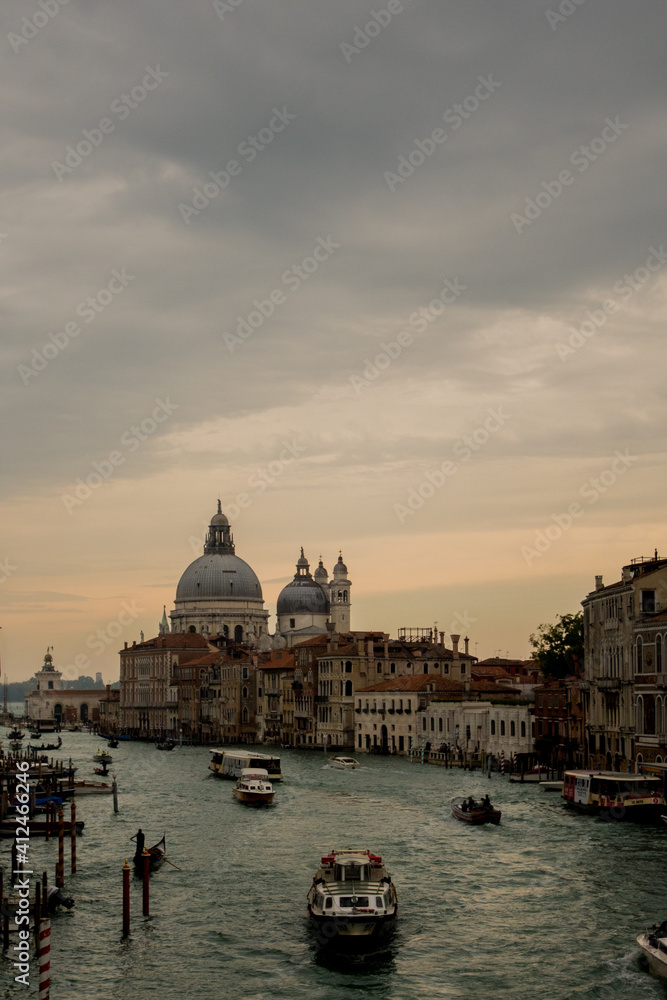 View of the cathedral over the grand canal in venice at night