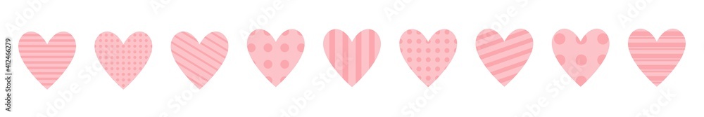 Pink heart icon set. Happy Valentines day. Cute polka dot, line pattern. Love sign symbol simple template. Greeting card. Decoration element. Square composition. Flat design. Isolated White background