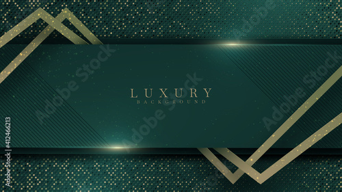Abstract green luxury background with golden line on dark , Realistic paper cut style 3d. vector illustration.