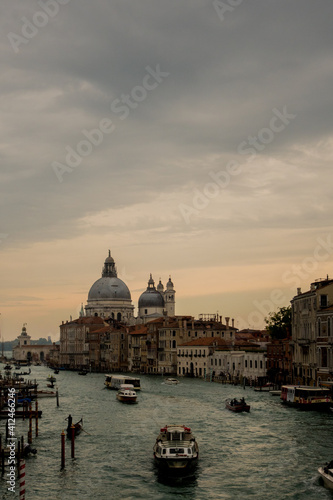 View of the cathedral over the grand canal in venice at night
