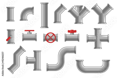 Collection of metal pipes. Gray steel pipelines, plastic tubes, valves and flanges, water drains isolated on white. Vector illustrations for plumbing, engineering, connection system concept