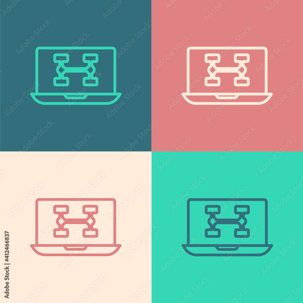 Pop art line Hardware diagnostics condition of car icon isolated on color background. Car service and repair parts. Vector. Pop art line Hardware diagnostics condition of car icon isolated on color background. Car service and repair parts. Vector.