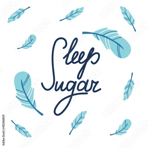 Sleep sugar quote modern hand drawing lettering with feathers. Vector illustration concept