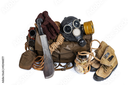 Survival travel kit  in case of apocalypse. Isolated on white background.