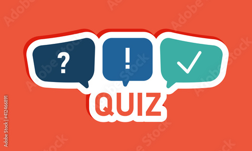 Quiz logo with speech bubble symbols, concept of questionnaire show sing, quiz button, question competition, exam, interview modern emblem design vector illustration isolated on orange background eps