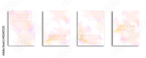 Abstract dusty pink Fluid creative template, cards, color covers set. Geometric design, liquids, shapes with gold foil glitter.
