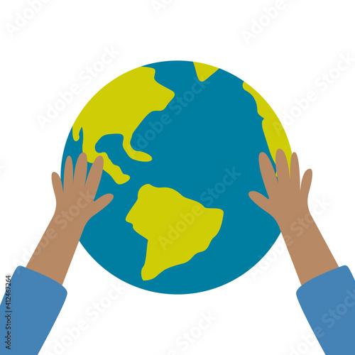 .hand drawn pictures on a white background, large size, flat vector, planet earth, eclogy, hands photo