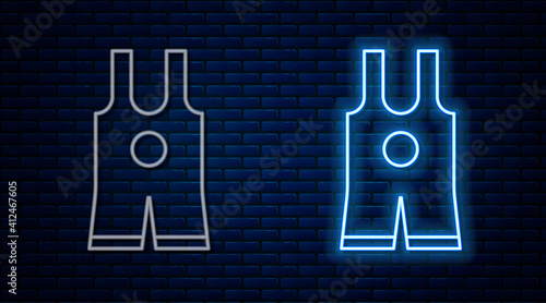 Glowing neon line Wrestling singlet icon isolated on brick wall background. Wrestling tricot. Vector.