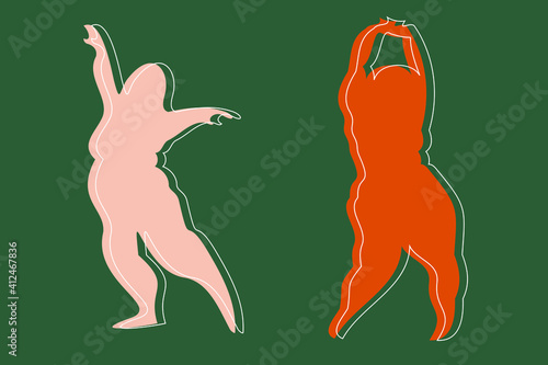 Body positive poster with abstract silhouettes of plump ladies in different expressive dance poses. Appetizing shapes and motivational concept. Flat and minimal design with offset of white outline. 