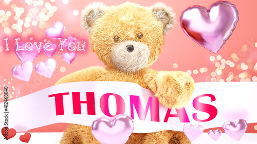 I love you Thomas - cute and sweet teddy bear on a wedding, Valentine's or just to say I love you pink celebration card, joyful, happy party style with glitter and red and pink hearts, 3d illustration © GoodIdeas