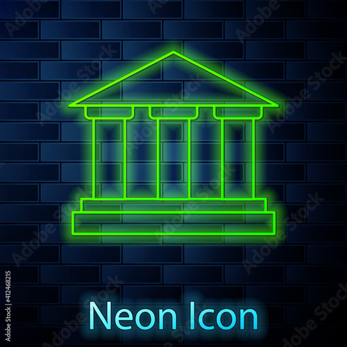 Glowing neon line Museum building icon isolated on brick wall background. Vector.
