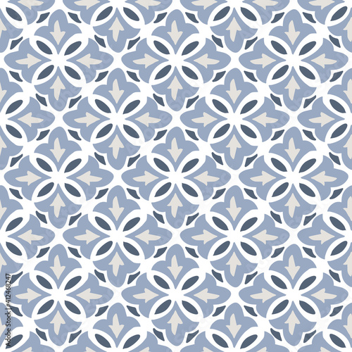 Hand drawn blue Moroccan seamless pattern for Ramadan Kareem greeting cards, islamic backgrounds, fabric, web banners. Portuguese azulejos tile design. Decorative vector illustrations.