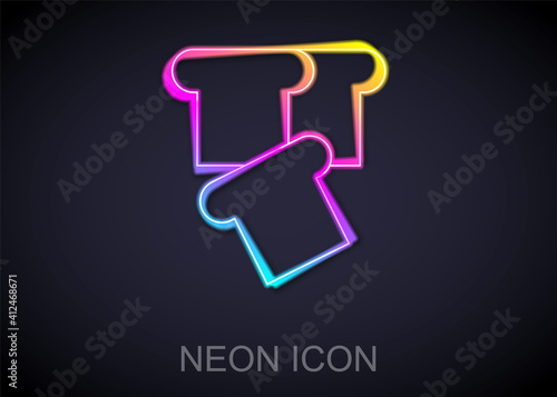 Glowing neon line Bread toast for sandwich piece of roasted crouton icon isolated on black background. Lunch, dinner, breakfast snack. Vector.