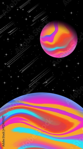 Abstract liquid marble art - colorful planet on dark background