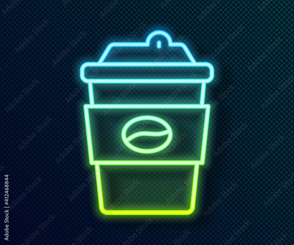 Glowing neon line Coffee cup to go icon isolated on black background. Vector.