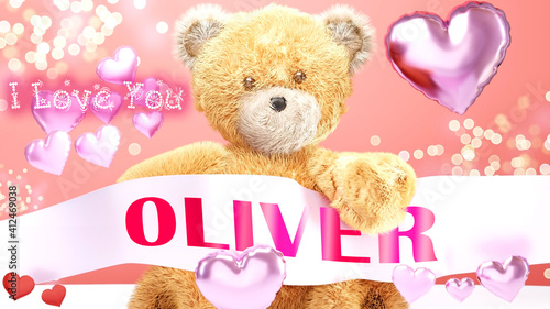 I love you Oliver - cute and sweet teddy bear on a wedding, Valentine's or just to say I love you pink celebration card, joyful, happy party style with glitter and red and pink hearts, 3d illustration © GoodIdeas