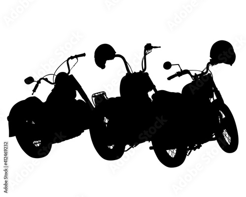 Man in protective clothing rides a retro bike. Isolated silhouette on a white background