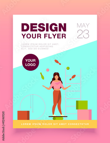 Woman balancing and juggling with skittles and balls. Gym, circus, juggler flat vector illustration. Performance and training concept for banner, website design or landing web page
