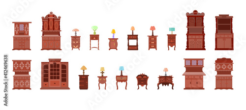 Set of cute bedside tables, cabinets, chests of drawers with electric table lamps, isolated on a white background.Collection of antique furniture and lamps for the bedroom, office. Vector illustration
