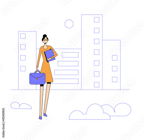 Business woman goes to the office. woman with folders and a briefcase in her hands hurries to the office. Vector illustration in a trendy style.