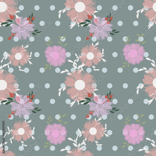 Seamless pattern with colorful hand drawn flowers. Original textile, wrapping paper, wall art surface design. Vector illustration. Floral simple minimalistic graphic desig