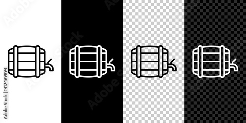 Set line Wooden barrel on rack with stopcock icon isolated on black and white,transparent background. Vector.