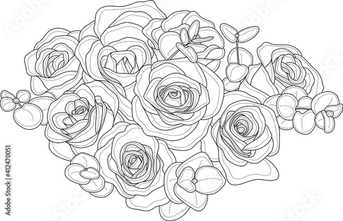 Realistic rose flower bouquet with eucalyptus leafs sketch template. Vector illustration in black and white for games, background, pattern, decor. Coloring paper, page, story book. Print for fabrics