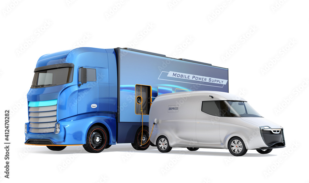 Electric delivery van charging from a power supply truck on white background. Mobile charging station concept. 3D rendering image.