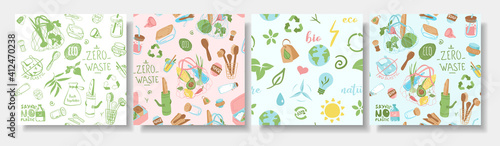 Collection of patterns about ecology, plants, eco friendly packaging, fruits. Flat vector illustration	