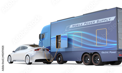 Electric cars charging from a power supply truck on white background. Mobile charging station concept. 3D rendering image.