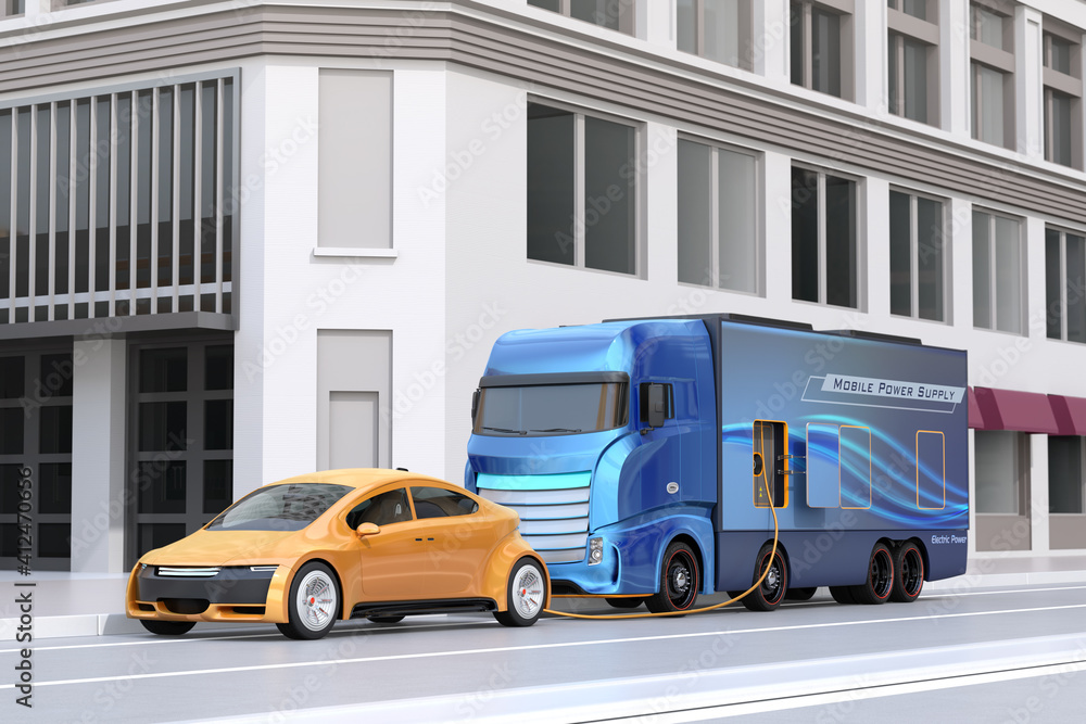 Electric car charging at roadside from a power supply truck. Mobile charging station concept. 3D rendering image.