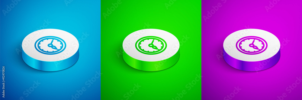 Isometric line Sauna clock icon isolated on blue,green and purple background. Sauna timer. White circle button. Vector. Isometric line Sauna clock icon isolated on blue,green and purple background. Sauna timer. White circle button. Vector.