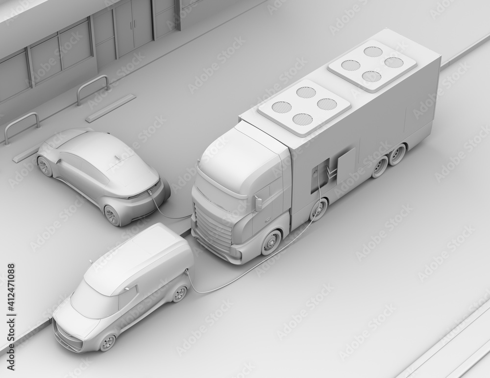Clay rendering of electric cars charging at roadside from a power supply truck. Mobile charging station concept. 3D rendering image. Clay rendering of electric cars charging at roadside from a power supply truck. Mobile charging station concept. 3D rendering image.